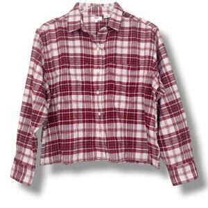 Levi’s Women’s Maple Red Utility Plaid Cropped Button-Up Shirt – Medium Cotton